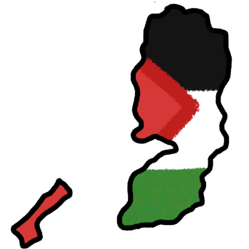  A land mass matching the shape of Palestine with a black outline and the interior matching the palestinian flag: 3 stripes black, white, then green and a red triangle.